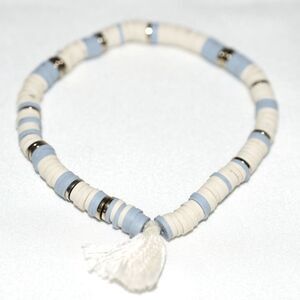 Casual Retro Heishi Cream/Blue Beads Gold Tone Accents 6" Stretch Bracelet